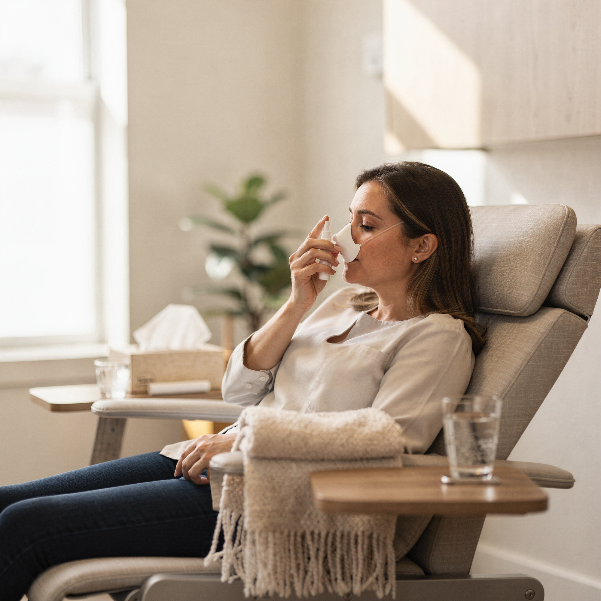 Patient using a nasal inhaler during Spravato treatment in a comfortable clinical chair